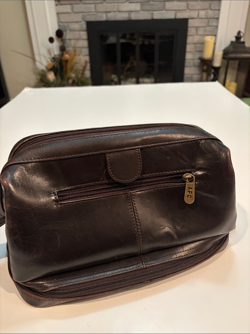 A.P.C. Dark Brown Leather Toiletry Kit with Brass Zip Pull